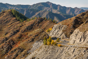 road asphalt mountains pass bend autumn