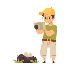 Curious school boy exploring nature in flat vector illustration isolated