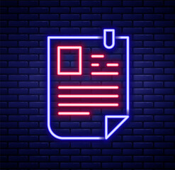 Glowing neon line Resume icon isolated on brick wall background. CV application. Searching professional staff. Analyzing personnel resume. Colorful outline concept. Vector