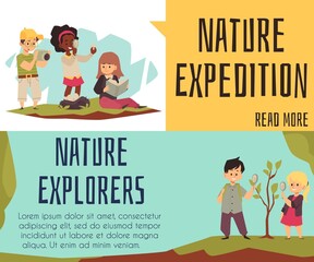 School children explore nature on expedition with magnifying glass, camera
