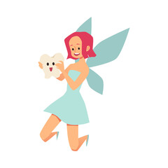 Tooth Fairy flying and holding tooth vector illustration. Kid dental clinic logo or poster.
