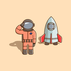 Astronaut salute landing on the moon cartoon vector illustration