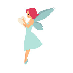 Thin flying tooth fairy, side view. Flying magic doll hold tooth in her arms.
