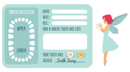 Tooth loosing card for kids with fairy character, flat vector illustration.