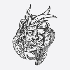 Illustration of a samurai skull with a snake for tattoo design