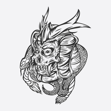 recommend clip art: Illustration of a samurai skull with a snake for tattoo design
