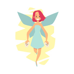 Tooth Fairy Vector Poster for Children Dentist Office. Magic creature from fairy tales fly and hold teeth in her hands.