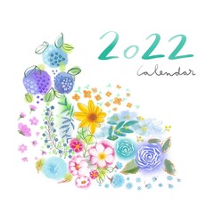 Calendar 2022  with beautiful flowers. Hand drawn watercolor style.