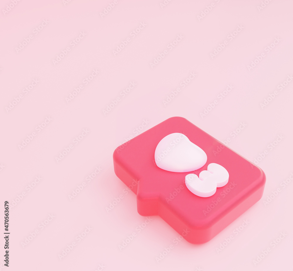 Poster 3 notifications on social networks. love heart icon minimal concept. social media. 3d rendering.