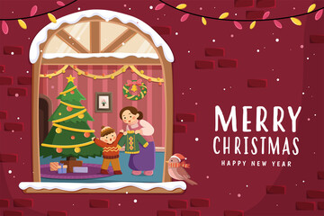 Red Christmas greeting card for family