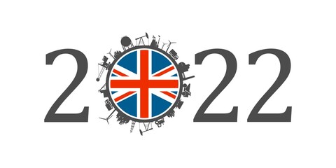2022 year number with industrial icons around zero digit. Flag of United Kingdom.