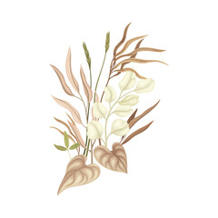 Bouquet with dried tropical plants and flowers in dusty pink, brown, ivory, sepia trendy colors vector illustration