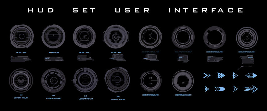 Set goals and targets. Navigation elements for the game HUD interface. Futuristic targets, scopes, circles for virtual weapons and video games. Personal HUD targets, UI UX for video editing, animation