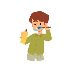 Cute little boy brushes teeth and smiles, flat vector illustration isolated on white background.