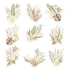 Fototapeta premium Set of bouquet with dried plants and flowers in taupe, dusty pink, brown, ivory colors for your own design vector illustration
