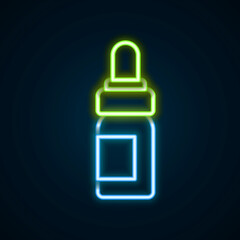 Obraz premium Glowing neon line Essential oil bottle icon isolated on black background. Organic aromatherapy essence. Skin care serum glass drop package. Colorful outline concept. Vector