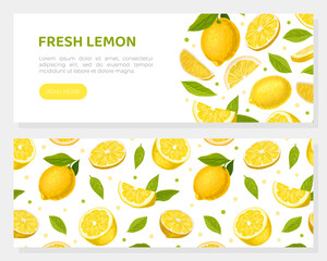 Bright Yellow Lemon Citrus Fruit with Green Leaf Web Banner Vector Template