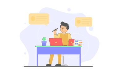 Office worker brainstorming in front of laptop and tablet. Conceptual flat illustration.