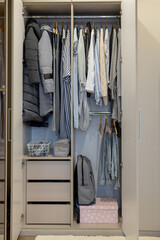 Wardrobe with perfect order clothes in blue and light shades on the hangers and things in containers.