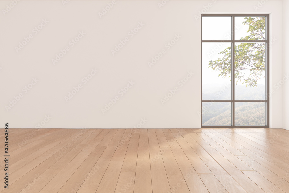 Poster 3d rendering of empty room with wooden floor on tree background.