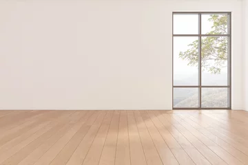 Deurstickers 3D-weergave van lege ruimte met houten vloer op boom achtergrond. © nuchao