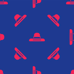 Red Gardener, farmer or agricultural worker hat icon isolated seamless pattern on blue background. Vector