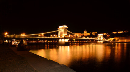 Fototapeta na wymiar Beautiful panoramic view of the night Budapest and the Chain bridge over the Danube. View of the Royal Palace from Pest