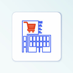 Line Mall or supermarket building with shopping cart icon isolated on white background. Shop or store. Colorful outline concept. Vector