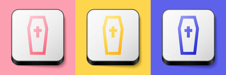 Obraz premium Isometric Coffin with christian cross icon isolated on pink, yellow and blue background. Happy Halloween party. Square button. Vector