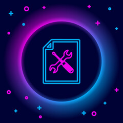 Glowing neon line File document with screwdriver and wrench icon isolated on black background. Adjusting, service, setting, maintenance, repair, fixing. Colorful outline concept. Vector