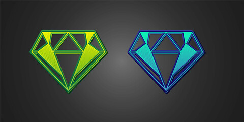 Green and blue Diamond icon isolated on black background. Jewelry symbol. Gem stone. Vector
