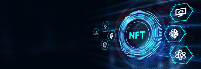 NFT Non-fungible token digital crypto  on virtual screen.3d illustration