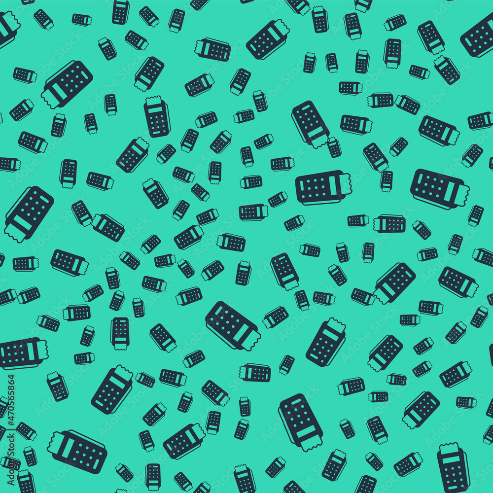 Poster Black POS terminal with inserted credit card and printed reciept icon isolated seamless pattern on green background. NFC payment concept. Vector