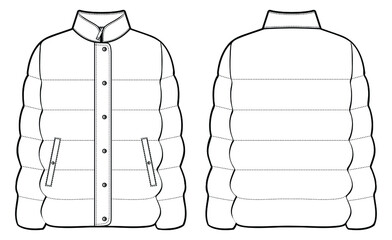 Quilted jacket technical sketch of women and men unisex down jacket front and back view vector illustration © SQB Creation 