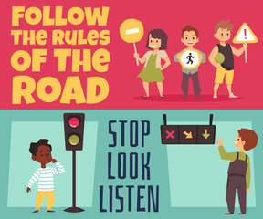 Road safety rules for children banners or posters set, flat vector illustration.