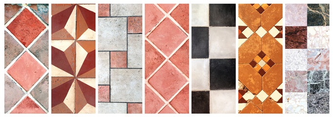 Set of banners with old porcelain tiles floor textures