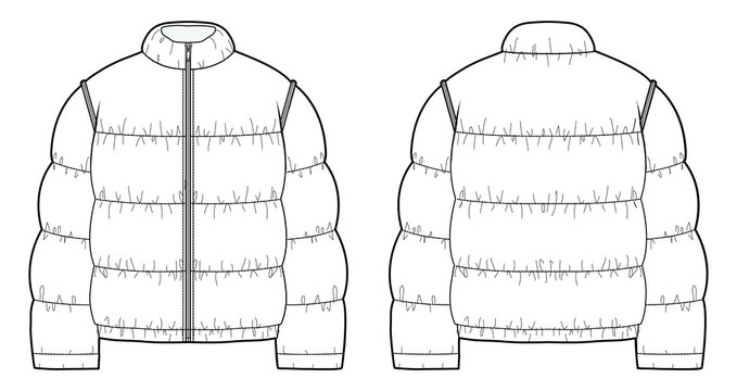 Unisex quilted padded jacket long sleeve bomber down jacket flat sketch  front and back view vector template Stock Vector | Adobe Stock