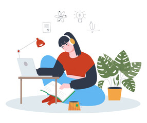 Girl sitting at her laptop. Viewing lectures remotely from home. Flat vector illustration on white background.