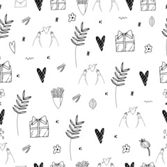 Valentine day vector seamless pattern doodle illustrations of lovers, hearts, flowers, hand, gift