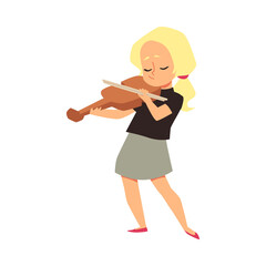Child girl character playing violin, flat cartoon vector illustration isolated.