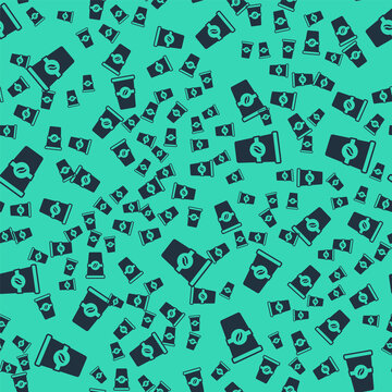 Black Coffee Cup To Go Icon Isolated Seamless Pattern On Green Background. Vector