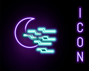 Glowing neon line Fog and moon icon isolated on black background. Colorful outline concept. Vector