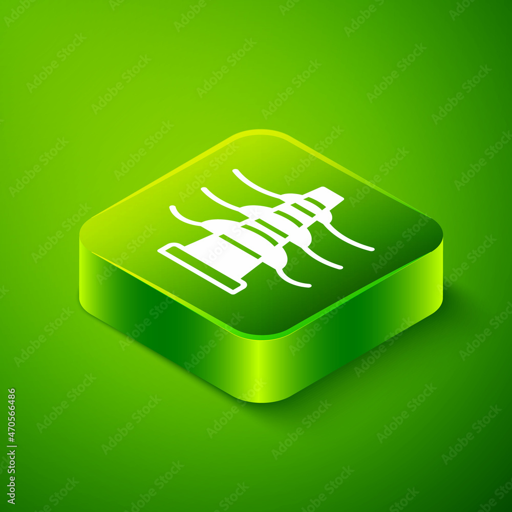 Poster isometric electric tower used to support an overhead power line icon isolated on green background. h