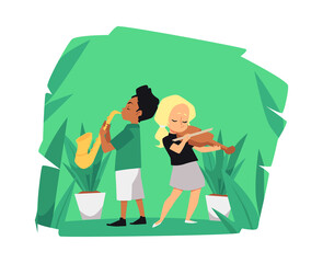 Banner with boy and girl play musical instruments vector illustration isolated.
