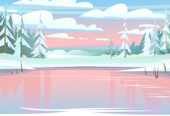 Red sunset or sunrise. Winter rural landscape with cold white snow and drifts. Beautiful frosty view of countryside hilly plain. Flat design cartoon style. Vector