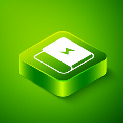 Isometric Book about electricity icon isolated on green background. Green square button. Vector