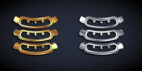 Gold and silver Sausage icon isolated on black background. Grilled sausage and aroma sign. Long shadow style. Vector