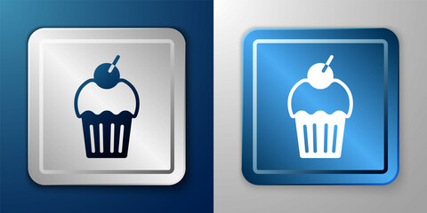 White Muffin icon isolated on blue and grey background. Silver and blue square button. Vector