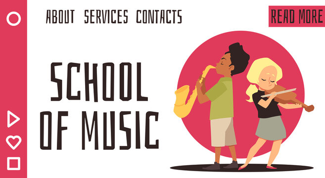 Music school website with kids play musical instruments, vector illustration.
