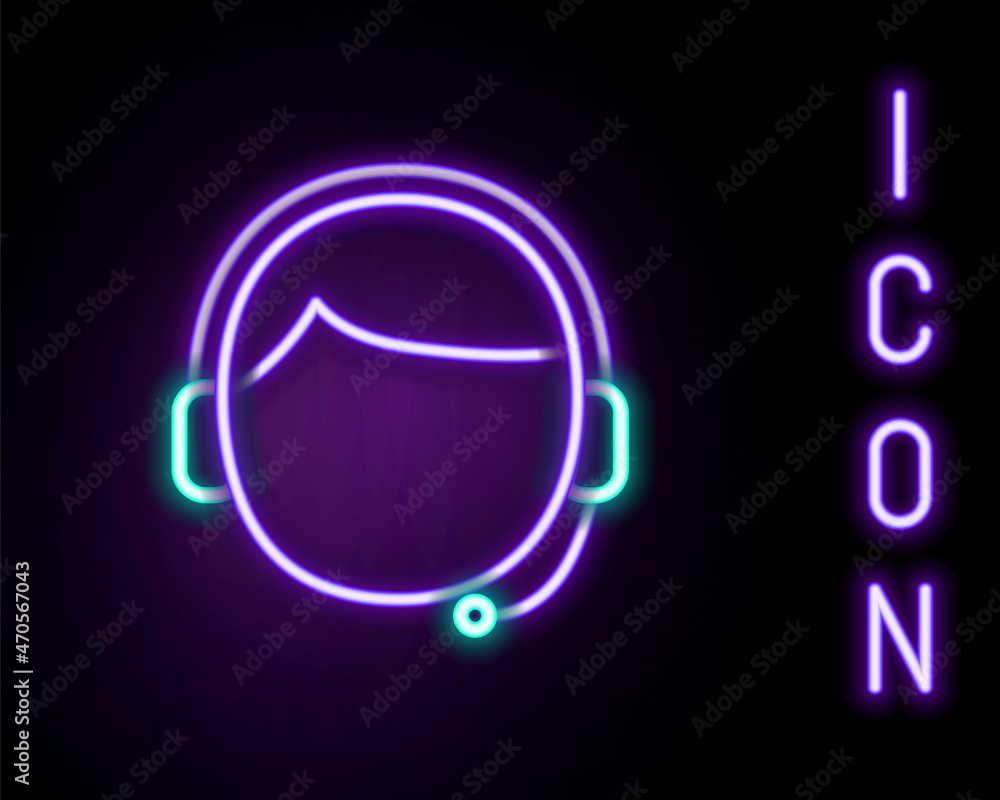 Poster glowing neon line man with a headset icon isolated on black background. support operator in touch. c